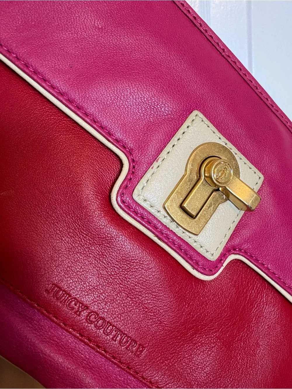 Y2K Juicy Couture Pink and Red Leather Wristlet Clutch with Gold Hardware
